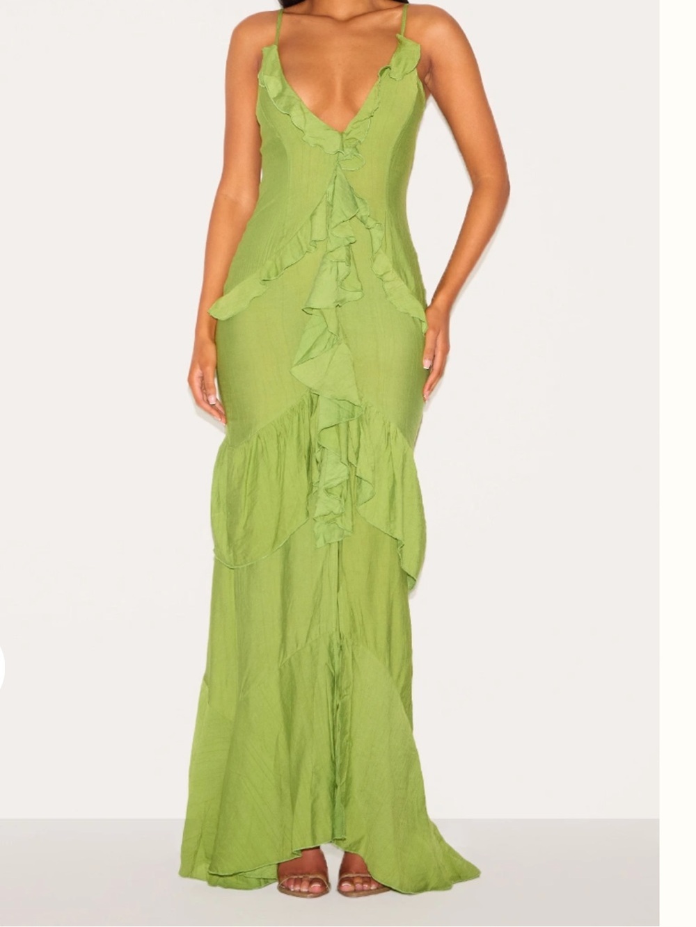 PrettyLittleThing - TALL OLIVE TEXTURED FRILL MAXI DRESS - Size UK 12 / US 8